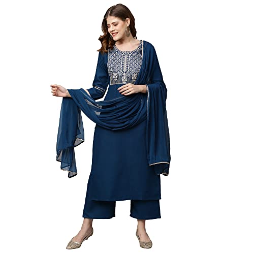 ANNI DESIGNER Women's Cotton Blend Embroidered Regular Kurta & Palazzo With Dupatta