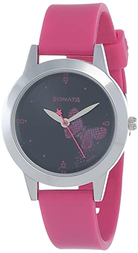 Sonata Quartz Analog Black Dial Pink Plastic Strap Watch for Women - NS87019SP01W
