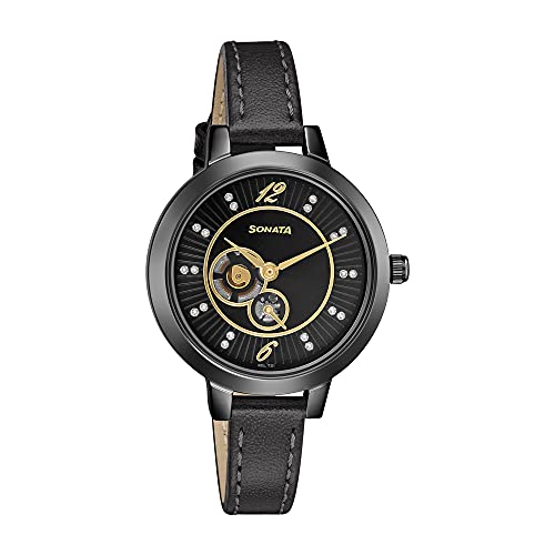 Sonata Unveil Black Dial Women Analog Watch with Leather Str