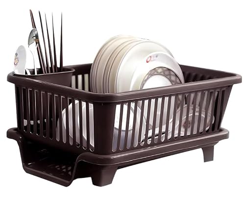 PANCA Plastic Dish Drying Rack for Home | Countertop Utensil Organizer with Drying Tray & Spoon Holder | Space Saving Storage Stand for Plates, Bowls, Cups & Cutlery | Green & Brown (45 × 32 × 18 cm)