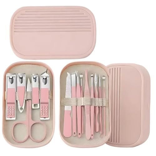 Manicure Pedicure Grooming Kit Multi Tool Set Pink Storage C