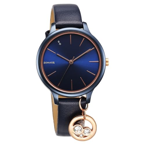 Sonata Blush Quartz Analog Blue dial Leather Strap Watch for Women-87050KL02