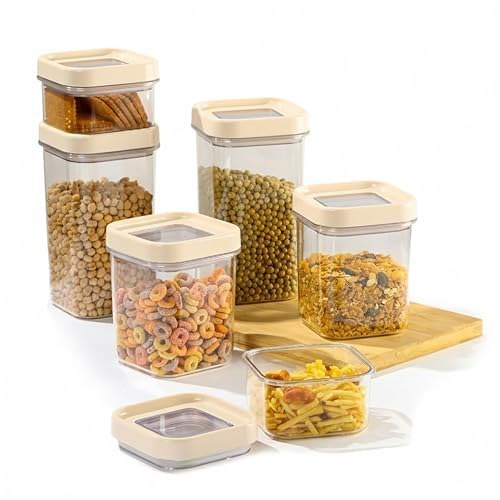 CELLO Airlock Square Pet Storage Jar for Kitchen Set of 6 Pcs White | 2 x 450ml, 2 x 900ml, 2 x 1350ml Fridge Safe Stackable Kitchen Storage Container Jar Set for Bread Cereal Coffee Fruits Spices