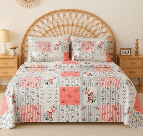 VAS COLLECTIONS Cloud Cotton Double Bedsheet 180 TC | Soft & Breathable Cotton Bedding Set with 2 Pillow Covers | Elegant Floral Printed Bed Sheet for Bedroom & Home | 90x90 Inches (Pastel Patchwork)