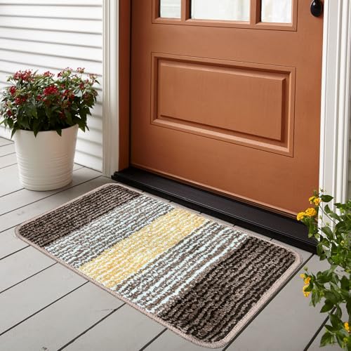 BSB HOME Microfiber Striped Bath Mat 35 x 50 cm, Soft Super Absorbent Anti-Skid Non-Slip Doormat for Bathroom, Shower & Washroom, Quick Drying Washable Mat, Regular Size, Pack of 1 - Yellow & Brown