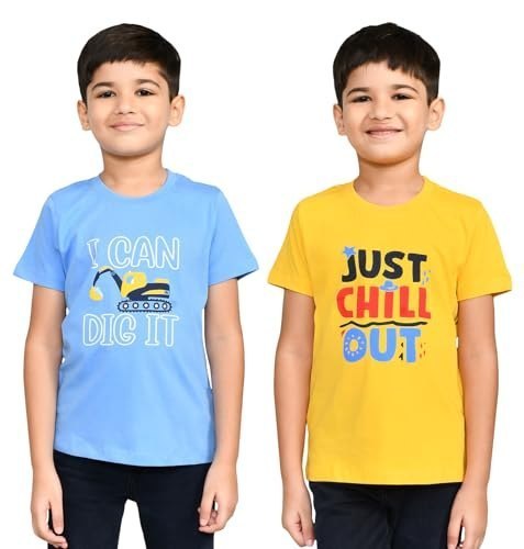 Lux Cozi Printed Round Neck Half Sleeve Cotton T-Shirt for Boys | Prints May Vary | Pack of 2