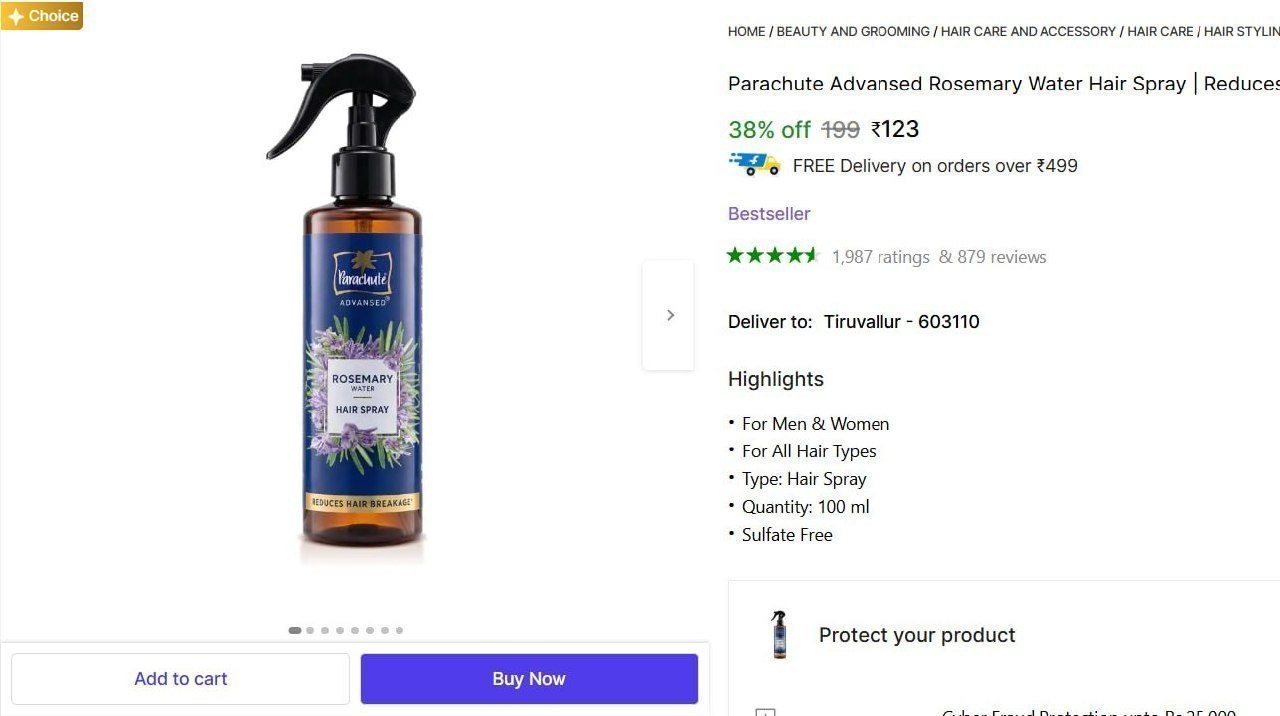 Parachute Advansed Rosemary Water Hair Spray, (100 ml)