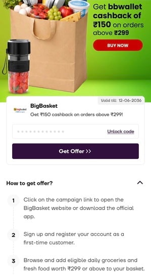 Navi- Bigbasket 150 back on 299rs order (user specific)first order only