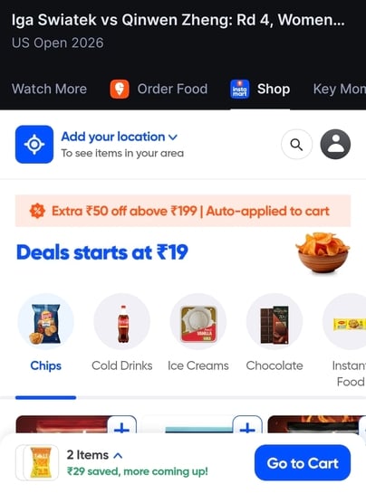 Jiohotstar - Swiggy instamart 50off on Rs199 US open 2026 live match