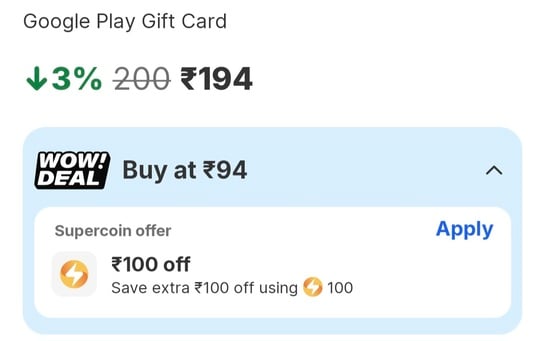 Flipkart - Google play gv 200 at 94 only using 100 sueprcoin