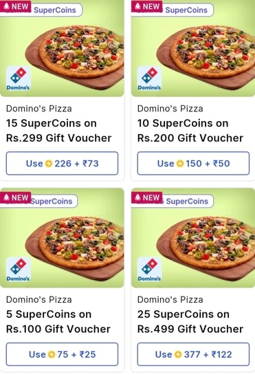 Supercoins - Get Dominos 100gv at 75% off and 5 supercoins as cashback