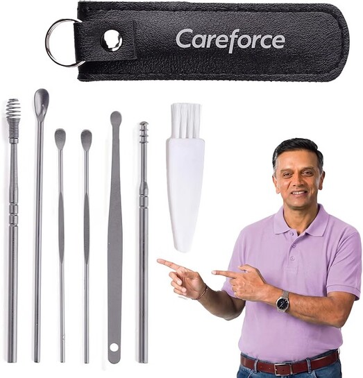 Careforce Ear Wax Cleaner - Resuable Ear Cleaner Tool Set with Storage Pack - Ear Wax Remover Tool Kit with Ear Curette Cleaner and Spring Ear Buds Cleaner 6 Pcs Set Silver