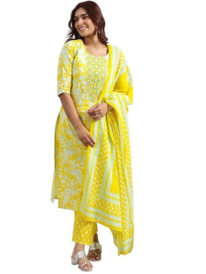 Libas Womens Printed Cotton Straight Kurta With Trousers and Dupatta | daily wear suit