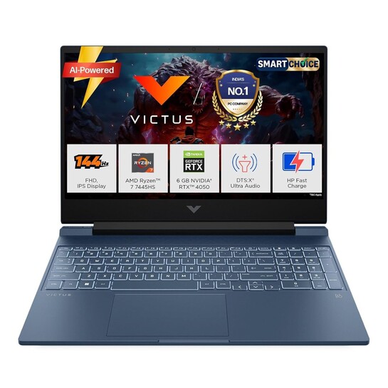 Click to enlarge HP Victus Smartchoice, AMD Ryzen 7 7445HS, 6GB RTX 4050, 16GB DDR5(Upgradeable) 512GB SSD, 144Hz, IPS, 300 nits, 15.6''/39.6cm, Win11, Office24, Blue, 2.29kg, fb3130AX/3118AX, Xbox pass*,Gaming Laptop