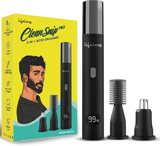 Lifelong 3-in-1 Nose, Ear & Eyebrow Hair Remover & Trimmer for Man & Women | 2 Easy to Wash Heads | Type-C Rechargeable Portable Painless Dual Edges Blades, 1.5Hr Runtime, LED Display, Corded Use