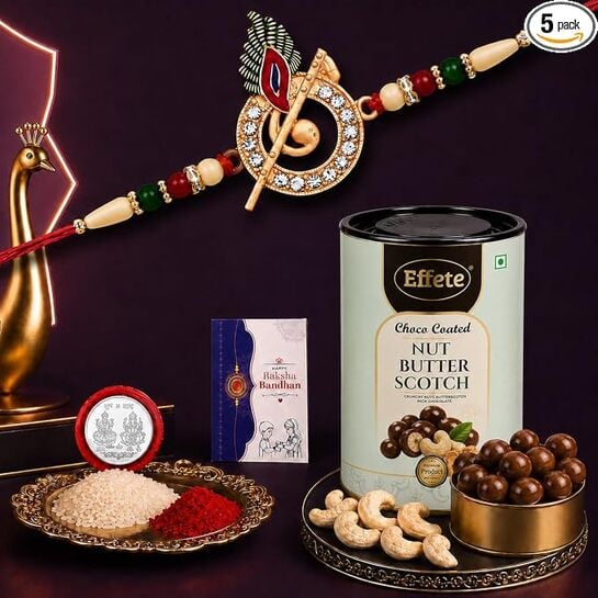 Designer Murli Flute Rakhi for Brother with Choco Coated Nut Butterscotch Chocolate 96gm, Pooja Coin, Roli Chawal & Card | Rakhi with Chocolate Combo for Raksha Bandhan