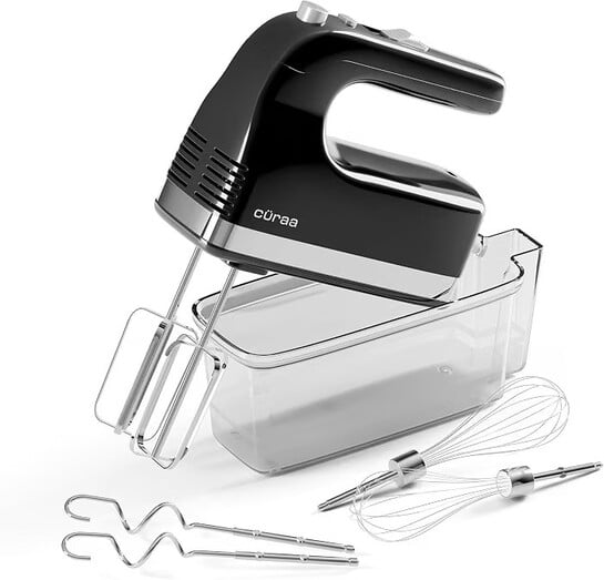 Click to enlarge Cüraa Hand Mixer | 300 Watts | 5 Speed Control with Turbo Mode | Egg Beater Electric with Whisk & Dough Hooks | Handheld Mixer