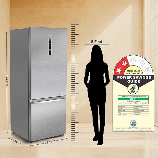 Click to enlarge Haier 355 L 2 Star Frost Free Triple Inverter Double Door Bottom Mount Refrigerator
