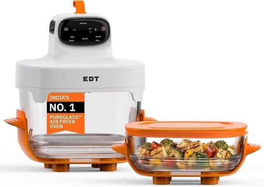 EDT Luma ZERO COATING PureGlass™ Air Fryer Oven | 4.5L + 2.5L Dual Bowl | NutriRetain™ | 6-in-1 Multi Function | 100% Toxin Free No Ceramic, PFAS, PTFE, PFOA | 1500W (Orange 4.5L + 2.5L)