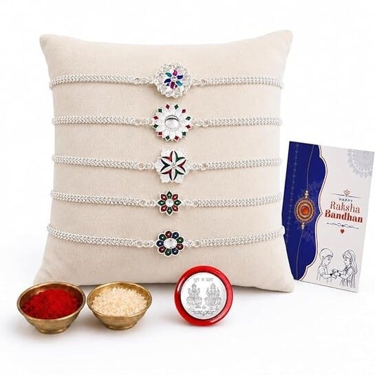 Periapt Multicolor Rakhi Combo with Pooja Thali/Tilak Set, Greeting card, Pooja Coin