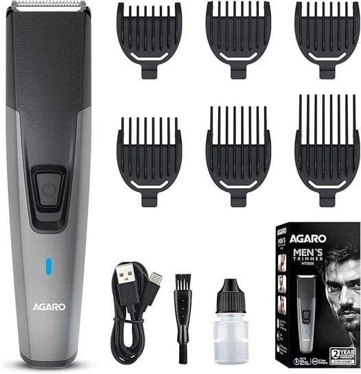AGARO Beard Trimmer MT5005, 90 mins run time with Type C, 6 comb attachments, Self sharpening blades | Trimmer for Men