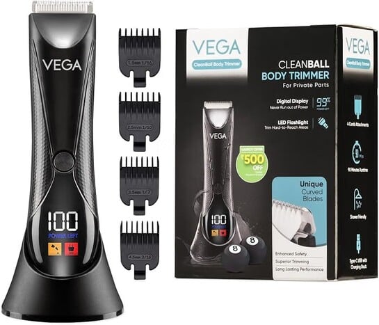 VEGA Cleanball Full Body Trimmer for Men|Private Parts,Pubic Hair, Balls,Manscaping, Body Multi-Purpose|IPX5 Waterproof|No Nicks or Cuts|90 Min Non-Stop Runtime with LED Flashlight|Fast Charge VHTH-33