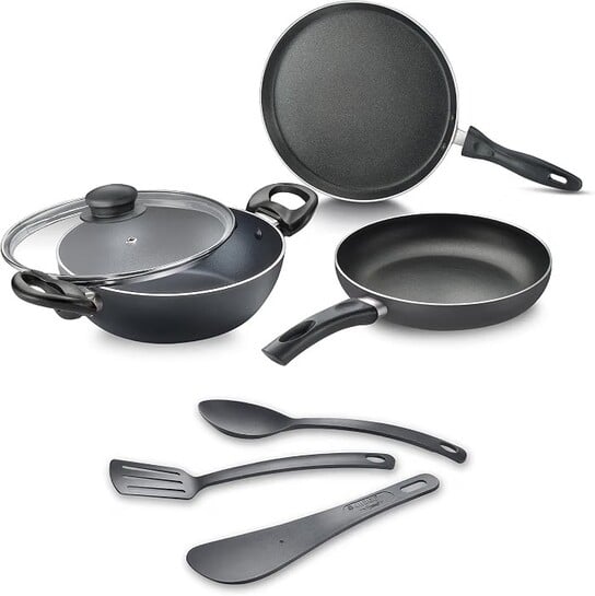 Judge by Prestige ACE Aluminium Non-Stick cookware BYK Set-Tawa 25cm-1U, Fry Pan 20cm-1U, Kadai 20cm-1U with Lid-1U + 3U Nylon Tools|Black