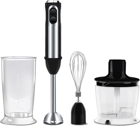 Buy Wipro Elato FMB 204 Hand Blender with Chopper and Whisk|Powerful 200 Watt Copper Motor With Rust Free Steel Arm|3 in1 Multi-functional Mode|Four In One Blade-Churn, Whip,& Blend|Black
