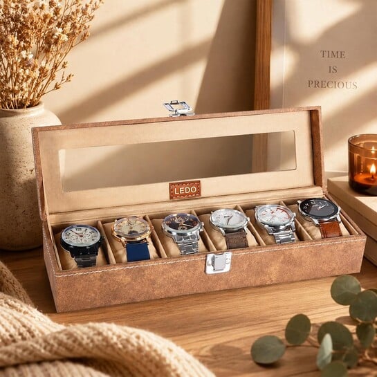 LEDO Luxury Watch Box Organizer, 6 Slot Display Case with Transparent Transparent Top, Cream PU Leather Exterior, Soft Cushioned Interior, Perfect for Storage and Gifting