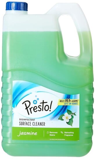 Click to enlarge Amazon Brand - Presto! Disinfectant Surface & Floor Cleaner | Jasmine | 5 Litre | Kills 99.9% Germs | Suitable For Bathroom & Floor Surfaces Like Ceramic, Marble, Granite, Mosaic