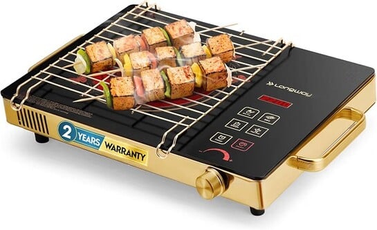 Longway Infralite Pro 2200W Infrared Hot Plate Cooktop with Steel Grill Rack, Crystal Glass Top