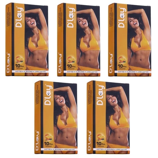 D'lay Dotted Real Feel Condoms for Men | Ultra Soft | For Extra Pleasure and satisfaction | Long Lasted, Lubricated | Orange Flavour Condoms - 10 (Pack of 5)
