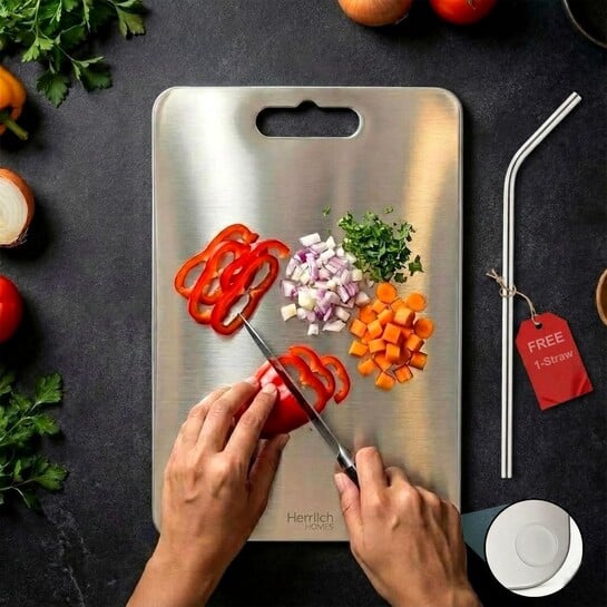 Herrlich Homes Rectangle Stainless Steel Chopping Board | with Steel Straw & Anti-Skid Silicon Pad | for Cutting Vegetables, Meat, Fish, Fruits | Chopping Board for Kitchen | M | 31 x 21 cm