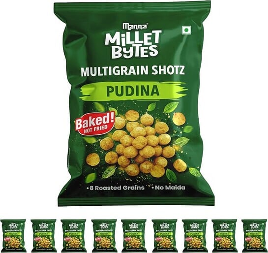 Manna Multigrain Snacks, Pack of 10, Pudina. Baked, No Palm Oil, No Maida Millet Bytes Multigrain Shotz