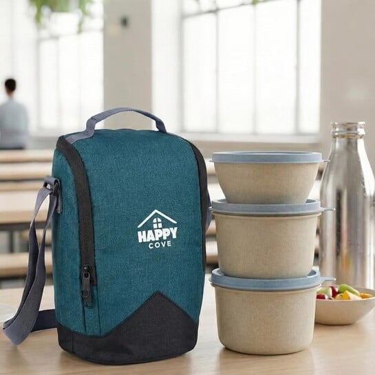 Click to enlarge Happy Cove Eco Friendly Lunch Box for Office Use | Biocomposite Wheat Straw, Rice Husk & Bamboo Fibre | 3 Microwave Safe Containers | Tiffin Box with Lunch Bag | Microwave Safe, Oven Safe, Unbreakable