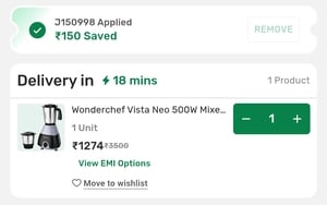 Bigbasket - Wonderchef Vista Neo Mixer grinder at Rs.1131