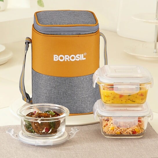 Click to enlarge BOROSIL Zest Borosilicate Glass Lunchbox, 3pc Set (320ml x 2 + 24...more
