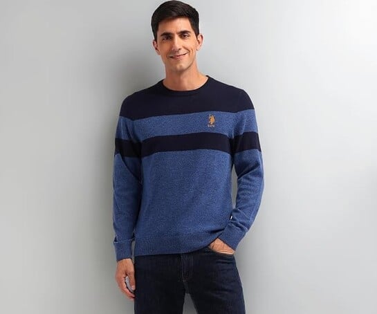 U.S. Polo ASSN. Mens Blue Colour Blocked Crewneck Longsleeve Casual Wool RegularFit Sweater