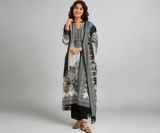 Libas Women's Black Silk Blend Straight Fit Floral Printed Suit Set