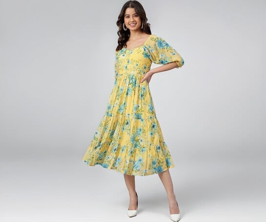 Janasya Women's Cotton / Chiffon Fit & Flare Midi Dress with Pockets