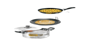 Check out Hawkins Futura Induction Non-Stick Cookware Set with Stainless Steel Lid (Frying Pan, Flat Tawa, Stewpot, 3 Pieces + 2 Lids, Black, INSET1) on Instamart