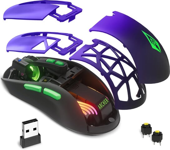 Tizum Archer Tech Lab Bluetooth Wireless Pro Gaming Mouse Ergonomic Optical Gaming Mouse (2.4GHz Wireless, Bluetooth, Type C, Purple)