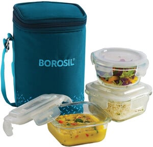 BOROSIL Teal Bag, 3 Pc (320 ml x 2 + 240ml x 1 ), Office Tiifin 3 Containers