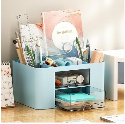 Storescent Multi-functional Desk Organiser with 5 Compartments & 2 Drawers – Desktop Stationery & Cosmetic Storage Box for Office Supplies, Pens, Clips, Sticky Notes & Makeup (Blue)