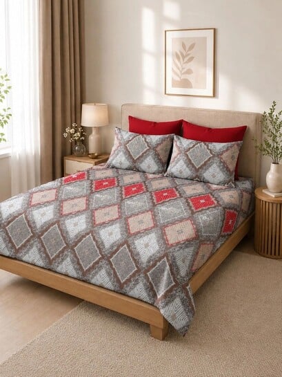 Click to enlarge Buy Myntra Elegant Homes Grey & Red Geometric 350 TC King Bedsheet With 2 Pillow Covers - Bedsheets for Unisex 44955788 | Myntra