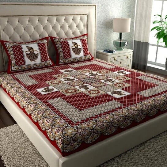 CLOTHOLOGY 144 TC Printed Double Bed Flat Sheet Set (Crimson Red, Warm Beige, White)