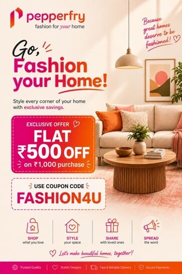Pepperfry | Flat 50% Off - 500 off on 1000 | Coupon Code : FASHION4U | Free Shipping