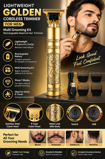 Lightweight Golden Cordless Trimmer for Men | Rechargeable Beard & Hair Trimmer | Multi Grooming Kit