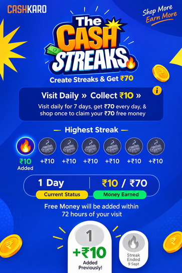 CashKaro Cash Streaks – Visit Daily & Earn ₹70
