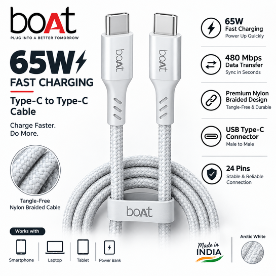 boAt Type C to C 65W Fast Charging Cable with 480 Mbps Data Transfer, Tangle-Free Cable in Premium Nylon Braided Design (Arctic White)
